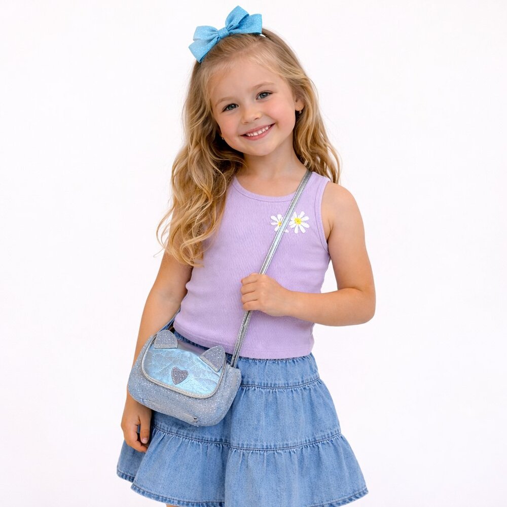 SOLD - Miller Girl Crossbody Purse with Glittery Cat Face - Fuzzy Pocket Book